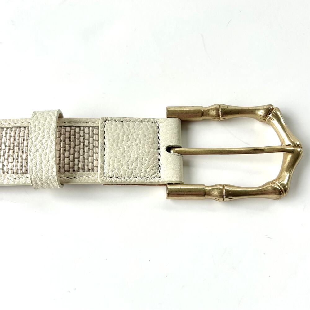J.McLaughlin Jayla Grasscloth White Leather Raffia Belt Gold Bamboo Buckle M - Picture 14 of 15